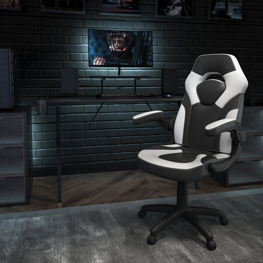 Optis Black Gaming Desk and White/Black Racing Chair Set with Cup Holder, Headphone Hook, and Monitor/Smartphone Stand White