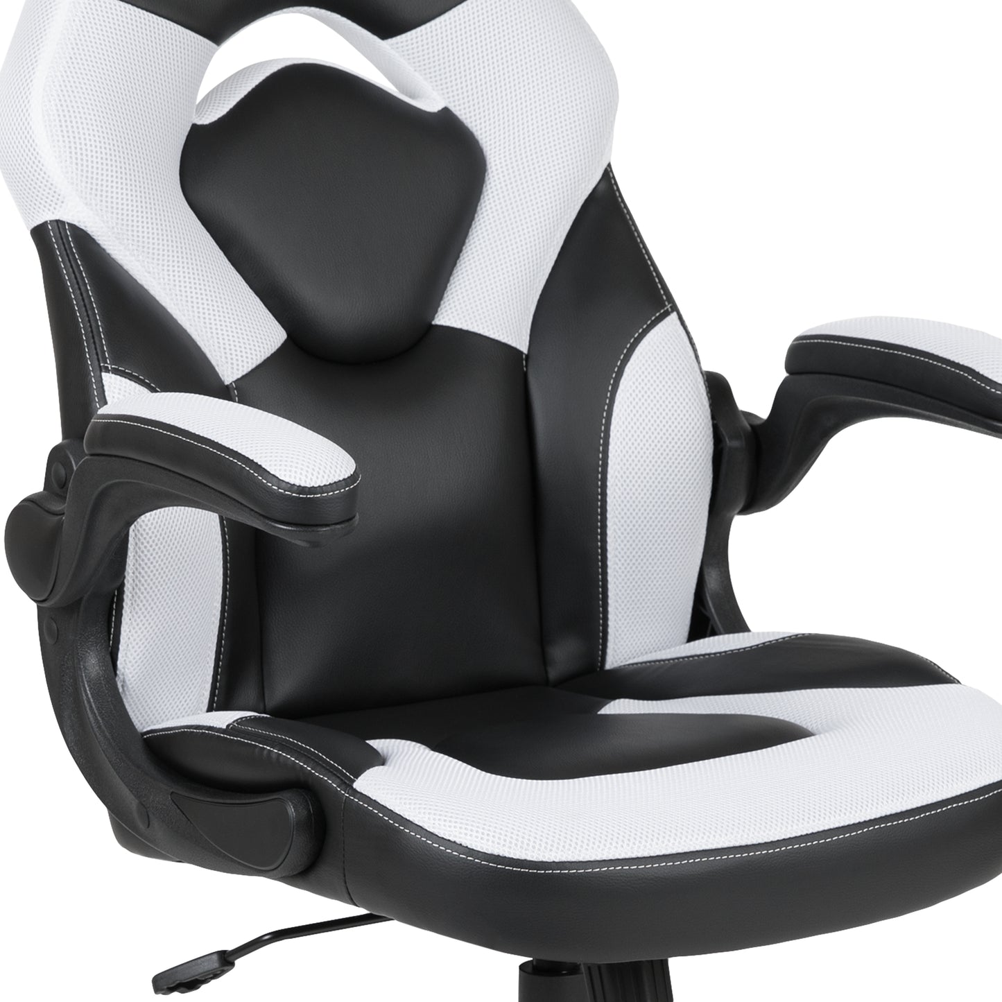 Optis Black Gaming Desk and White/Black Racing Chair Set with Cup Holder, Headphone Hook, and Monitor/Smartphone Stand White