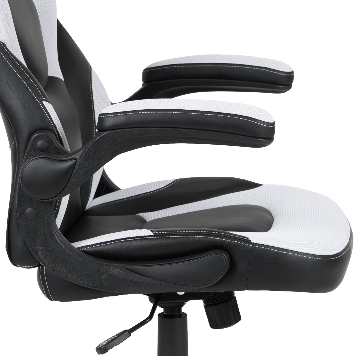 Optis Black Gaming Desk and White/Black Racing Chair Set with Cup Holder, Headphone Hook, and Monitor/Smartphone Stand White