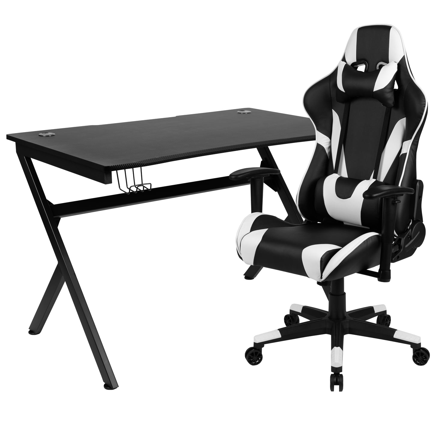Optis Black Gaming Desk and Black Reclining Gaming Chair Set with Cup Holder, Headphone Hook & 2 Wire Management Holes Black