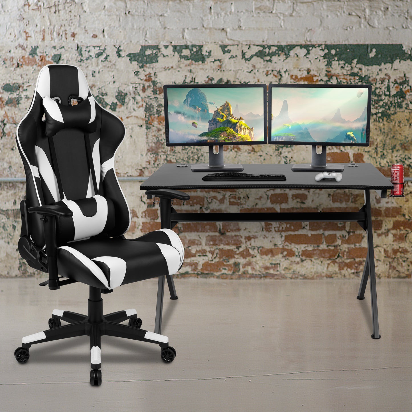 Optis Black Gaming Desk and Black Reclining Gaming Chair Set with Cup Holder, Headphone Hook & 2 Wire Management Holes Black