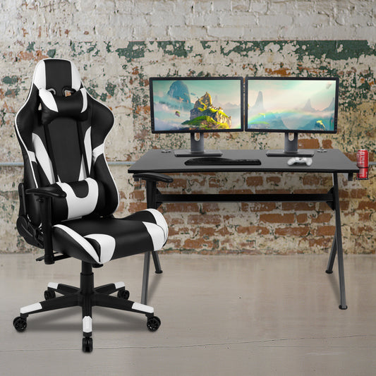 Optis Black Gaming Desk and Black Reclining Gaming Chair Set with Cup Holder, Headphone Hook & 2 Wire Management Holes Black