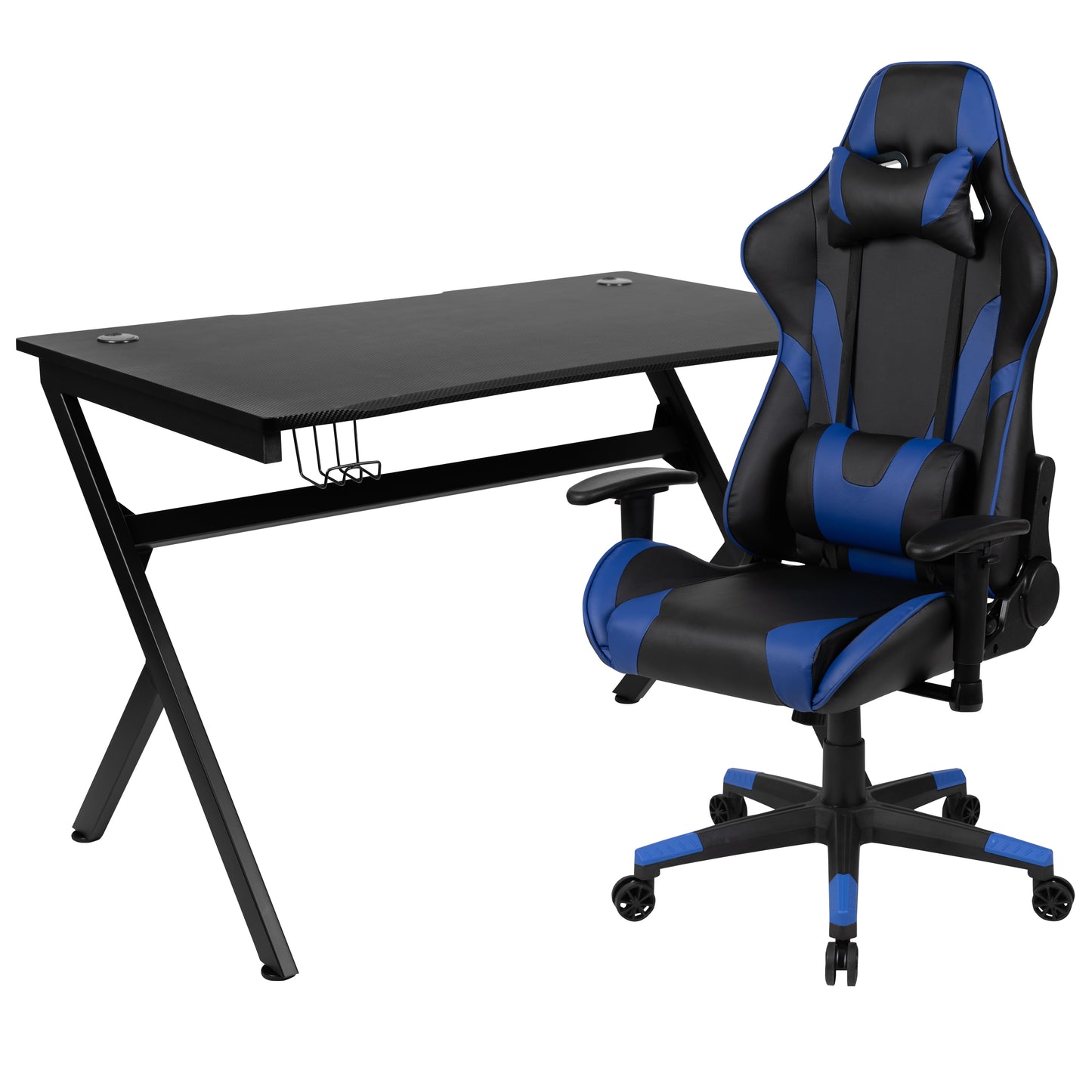 Optis Black Gaming Desk and Blue/Black Reclining Gaming Chair Set with Cup Holder, Headphone Hook & 2 Wire Management Holes Blue BLN-X20D1904-BL-GG