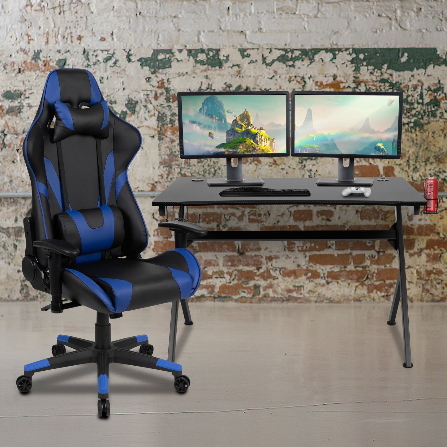 Optis Black Gaming Desk and Blue/Black Reclining Gaming Chair Set with Cup Holder, Headphone Hook & 2 Wire Management Holes Blue BLN-X20D1904-BL-GG