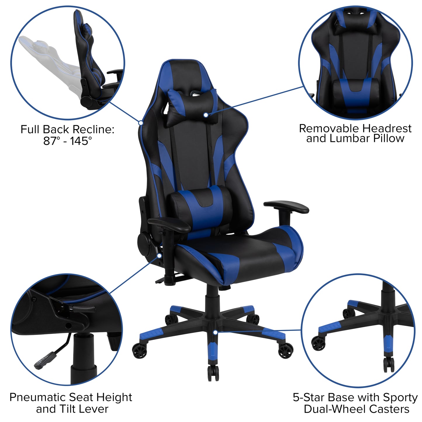 Optis Black Gaming Desk and Blue/Black Reclining Gaming Chair Set with Cup Holder, Headphone Hook & 2 Wire Management Holes Blue BLN-X20D1904-BL-GG