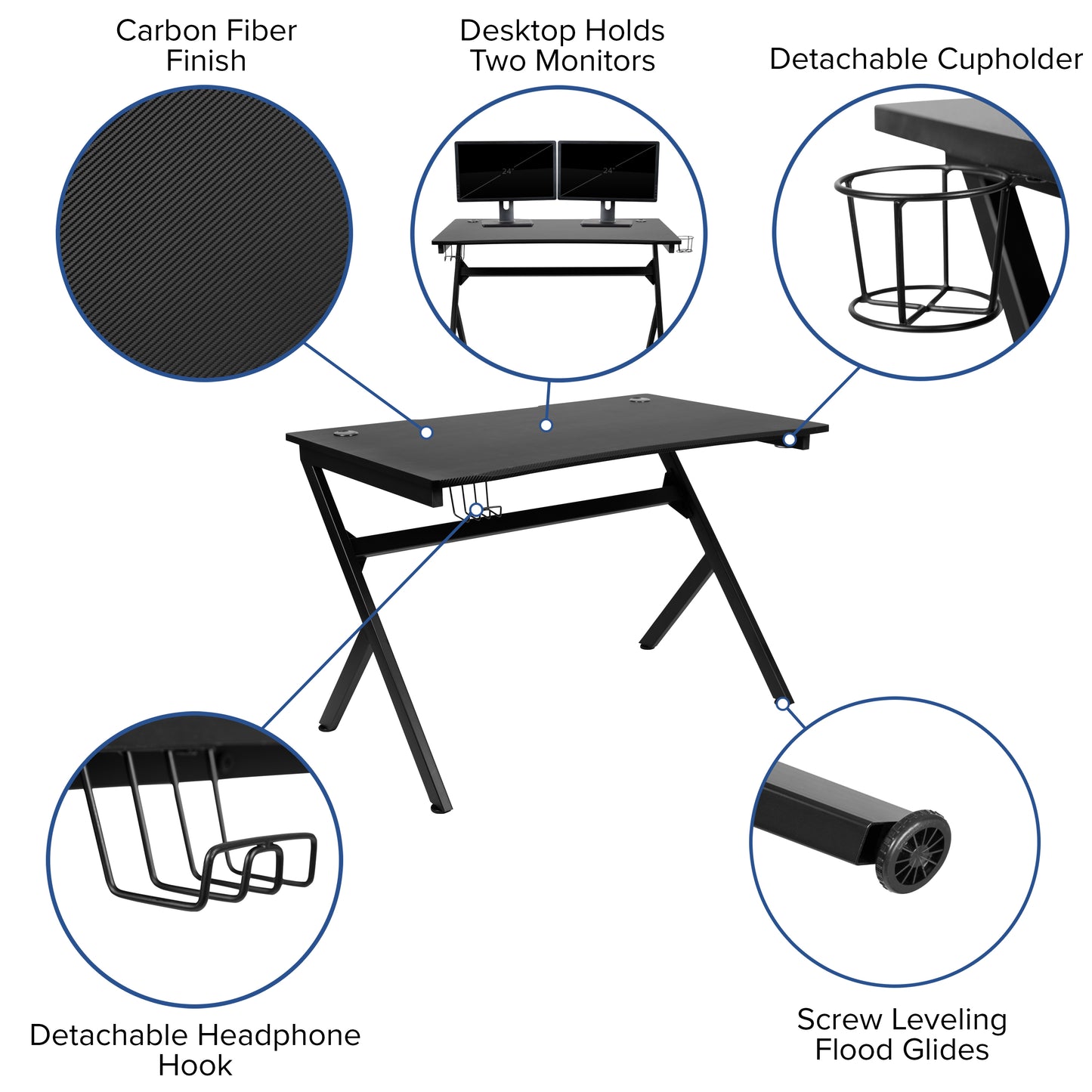 Optis Black Gaming Desk and Blue/Black Reclining Gaming Chair Set with Cup Holder, Headphone Hook & 2 Wire Management Holes Blue BLN-X20D1904-BL-GG