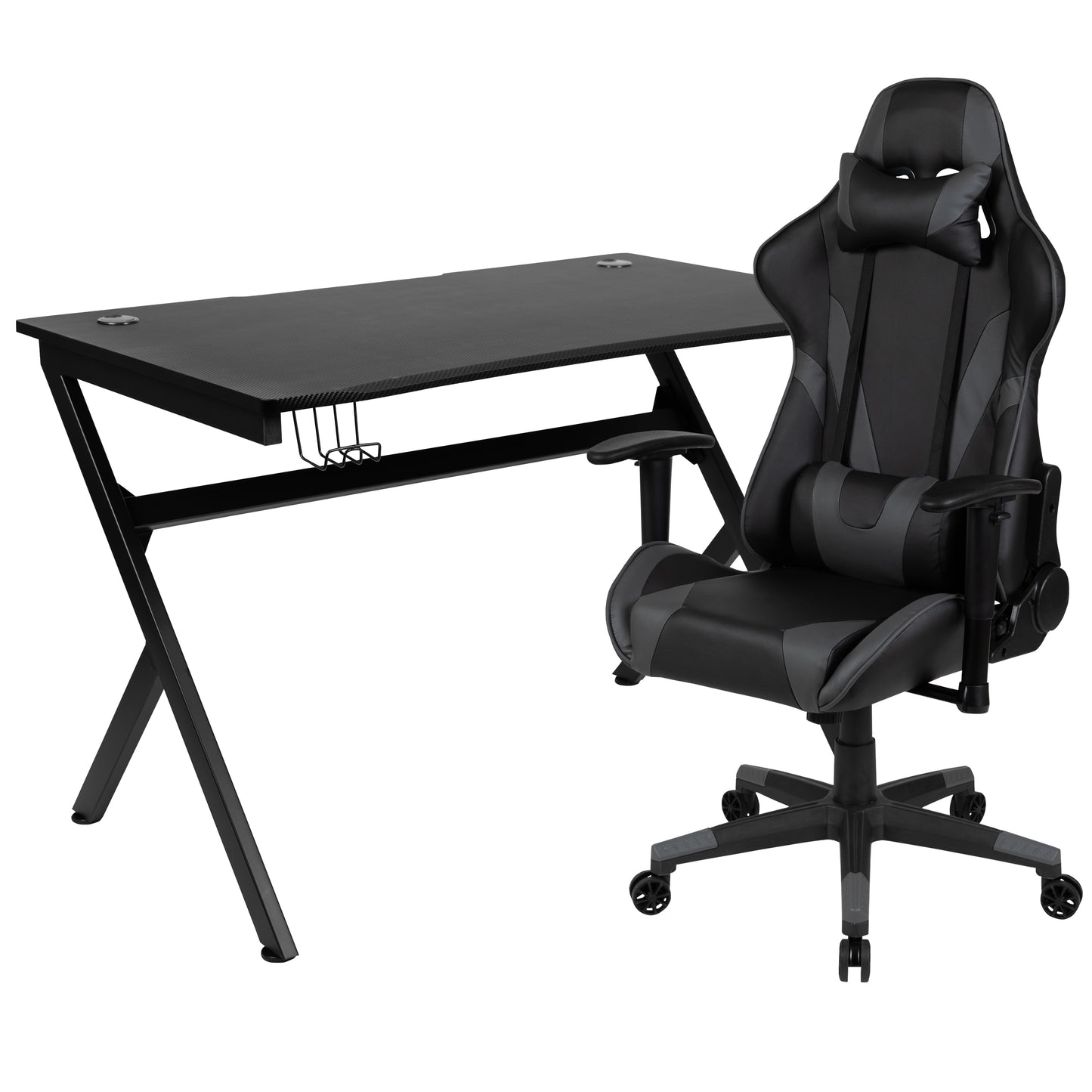 Optis Black Gaming Desk and Gray/Black Reclining Gaming Chair Set with Cup Holder, Headphone Hook & 2 Wire Management Holes Gray