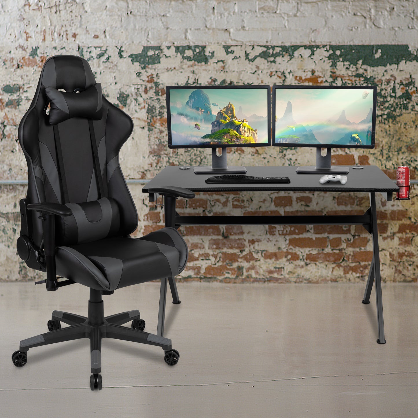 Optis Black Gaming Desk and Gray/Black Reclining Gaming Chair Set with Cup Holder, Headphone Hook & 2 Wire Management Holes Gray