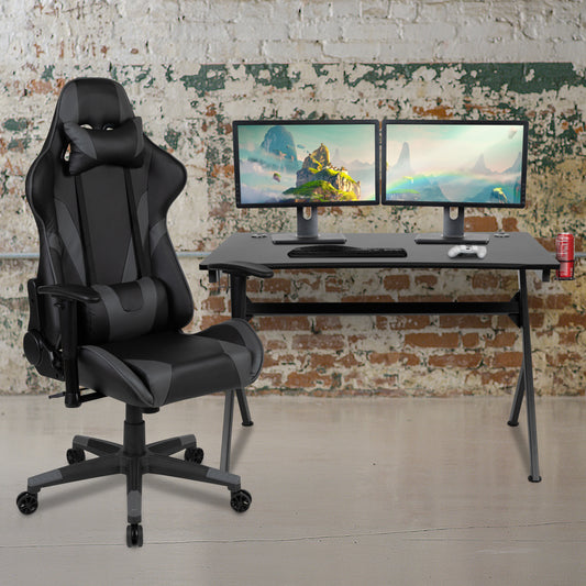 Optis Black Gaming Desk and Gray/Black Reclining Gaming Chair Set with Cup Holder, Headphone Hook & 2 Wire Management Holes Gray