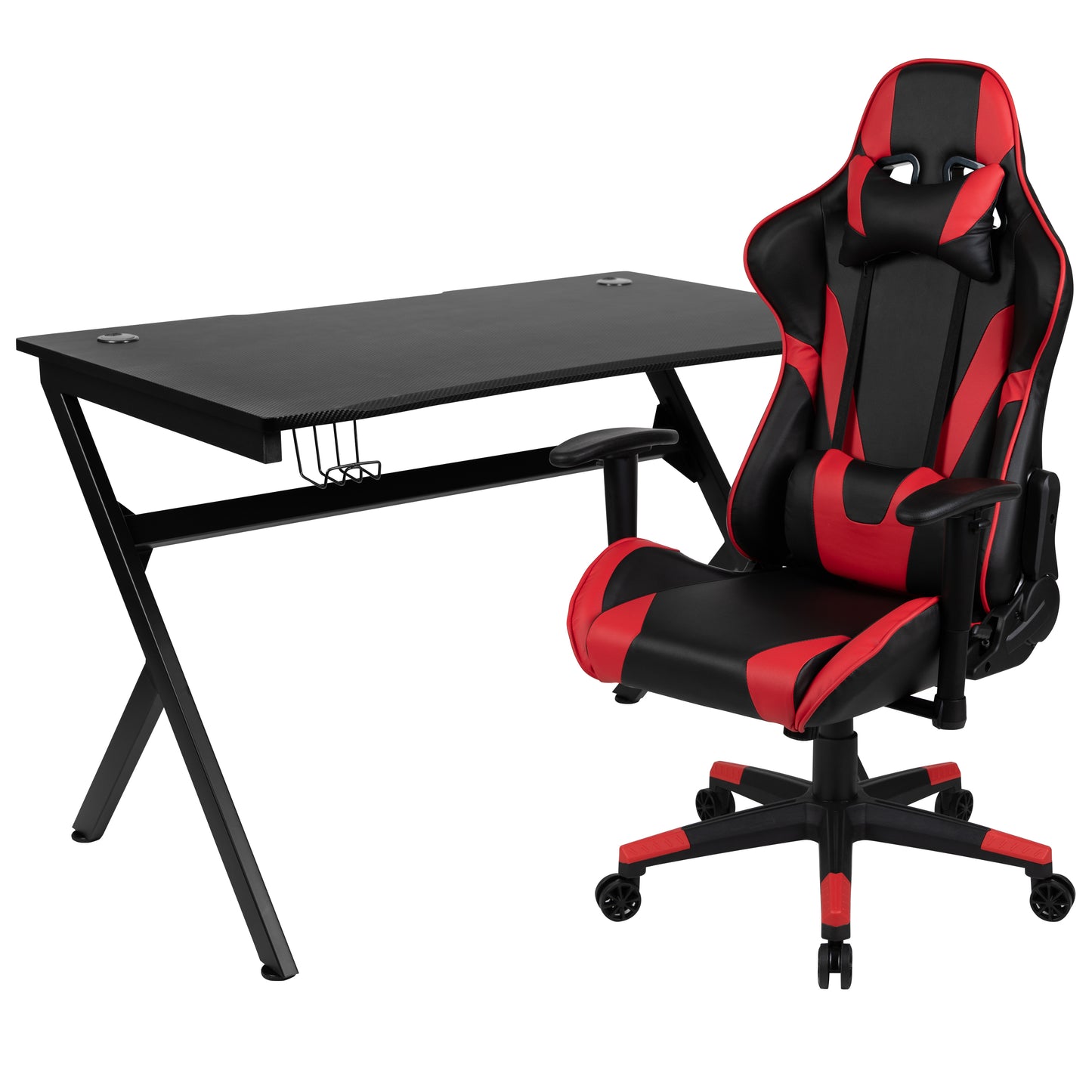 Optis Black Gaming Desk and Red/Black Reclining Gaming Chair Set with Cup Holder, Headphone Hook & 2 Wire Management Holes Red
