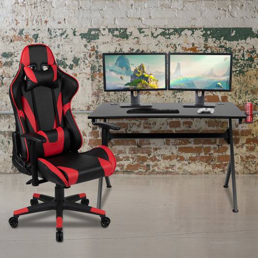 Optis Black Gaming Desk and Red/Black Reclining Gaming Chair Set with Cup Holder, Headphone Hook & 2 Wire Management Holes Red