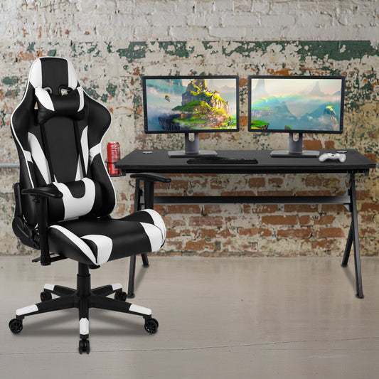 Optis Gaming Desk and Black Reclining Gaming Chair Set /Cup Holder/Headphone Hook/Removable Mouse Pad Top - Wire Management Black