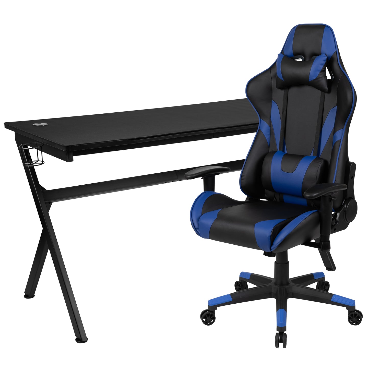 Optis Gaming Desk and Blue/Black Reclining Gaming Chair Set /Cup Holder/Headphone Hook/Removable Mouse Pad Top - Wire Management Blue
