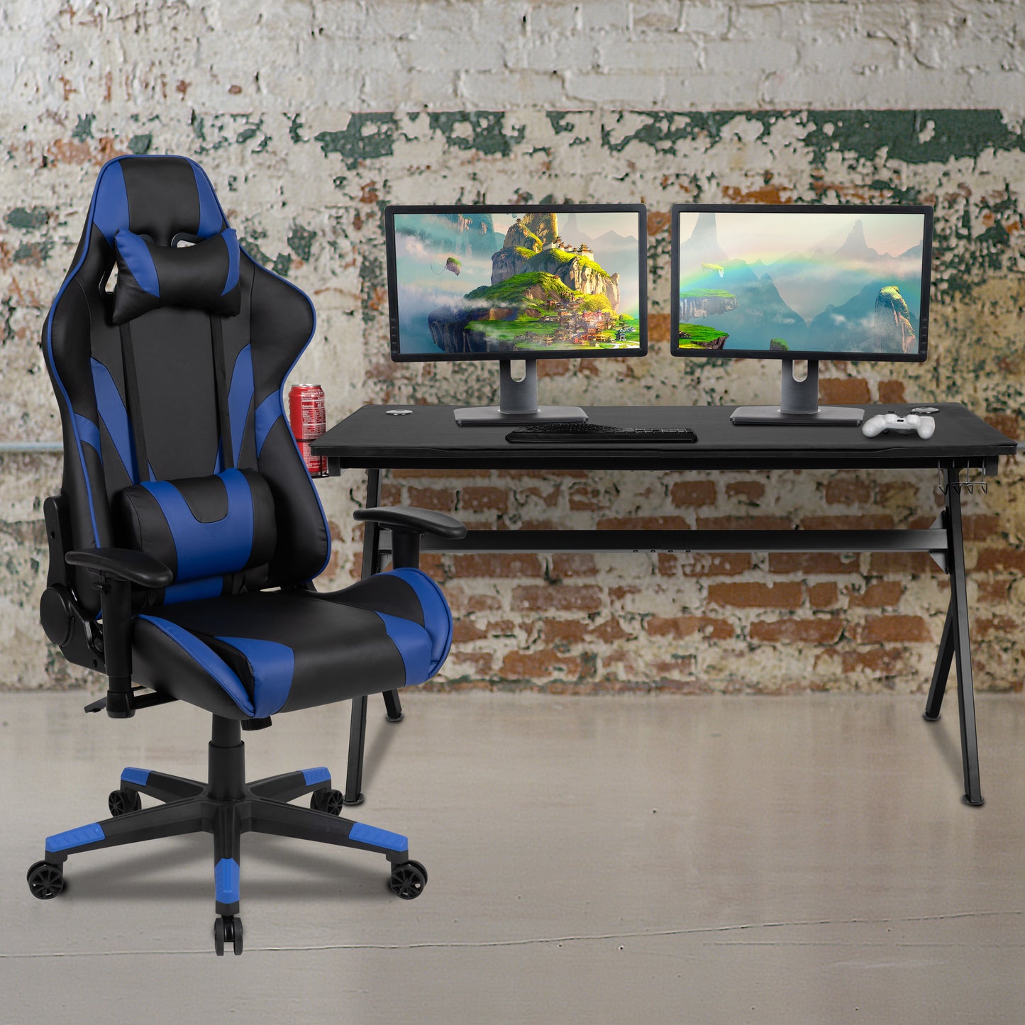 Optis Gaming Desk and Blue/Black Reclining Gaming Chair Set /Cup Holder/Headphone Hook/Removable Mouse Pad Top - Wire Management Blue