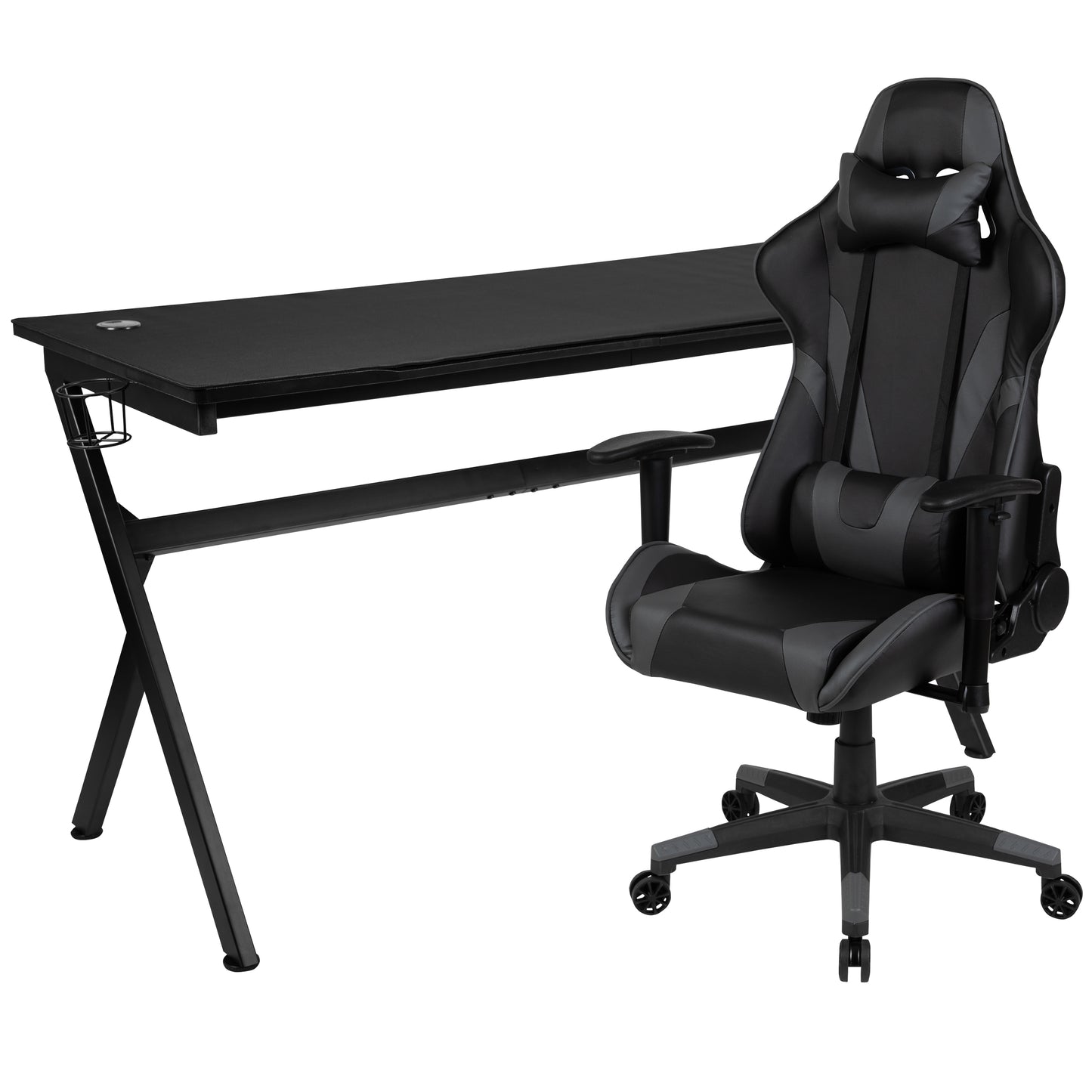 Optis Gaming Desk and Gray/Black Reclining Gaming Chair Set /Cup Holder/Headphone Hook/Removable Mouse Pad Top - Wire Management Gray