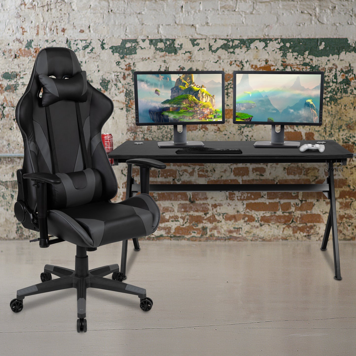 Optis Gaming Desk and Gray/Black Reclining Gaming Chair Set /Cup Holder/Headphone Hook/Removable Mouse Pad Top - Wire Management Gray