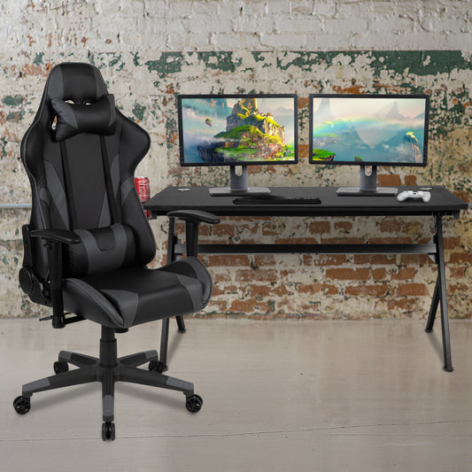 Optis Gaming Desk and Gray/Black Reclining Gaming Chair Set /Cup Holder/Headphone Hook/Removable Mouse Pad Top - Wire Management Gray