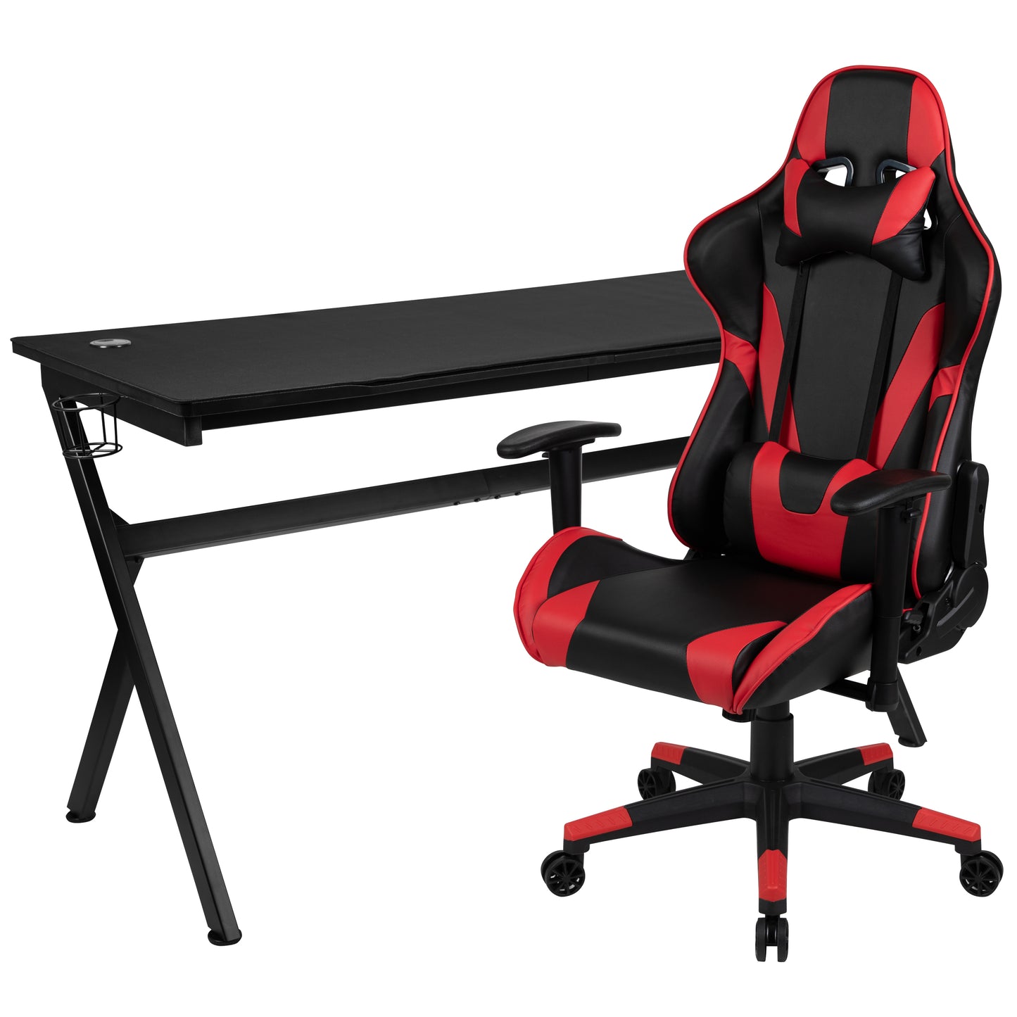 Optis Gaming Desk and Red/Black Reclining Gaming Chair Set /Cup Holder/Headphone Hook/Removable Mouse Pad Top - Wire Management Red