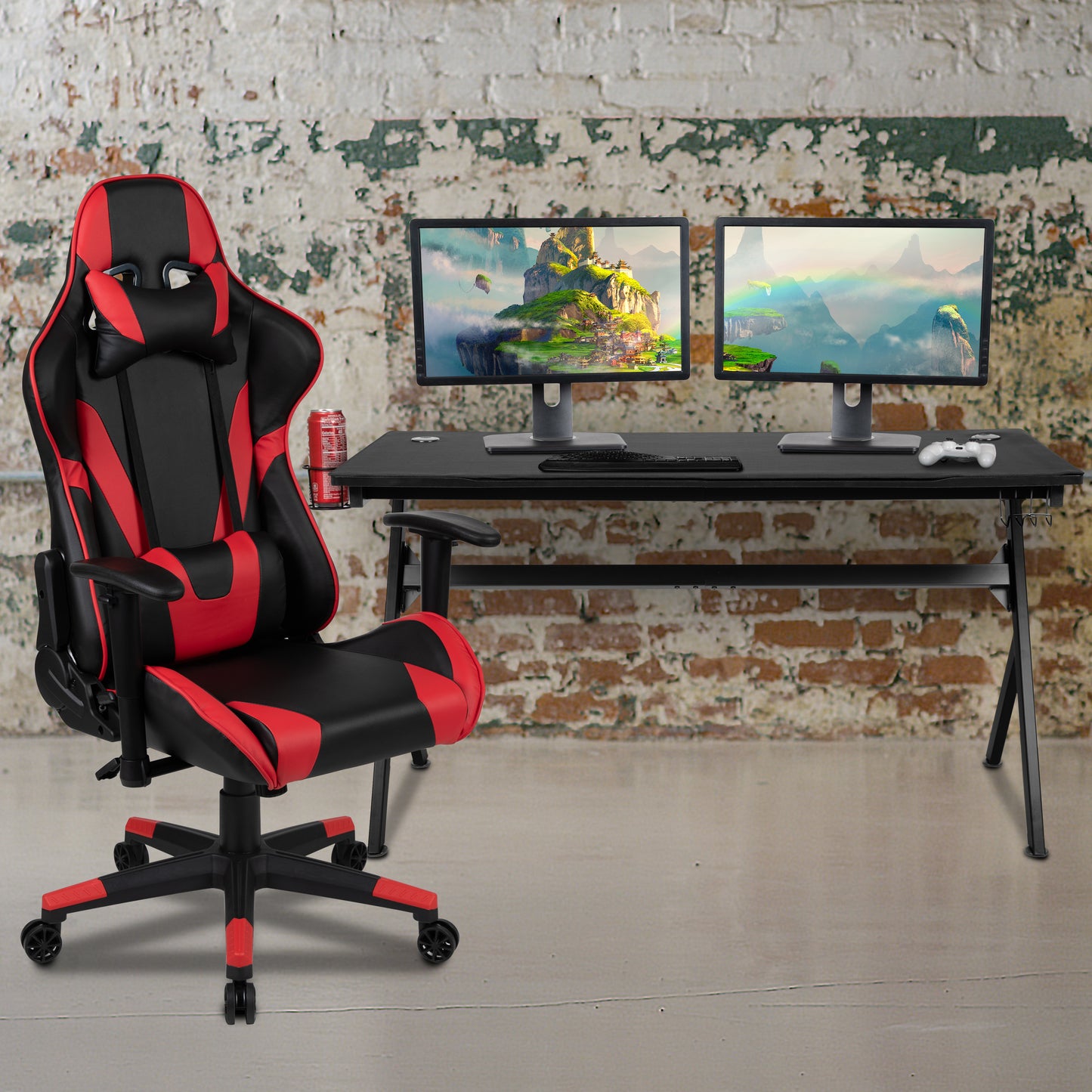 Optis Gaming Desk and Red/Black Reclining Gaming Chair Set /Cup Holder/Headphone Hook/Removable Mouse Pad Top - Wire Management Red