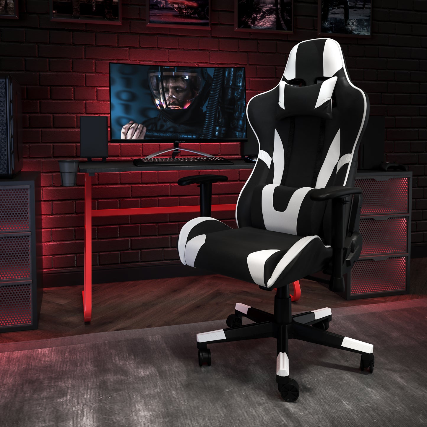 Optis Red Gaming Desk and Black Reclining Gaming Chair Set with Cup Holder and Headphone Hook Black