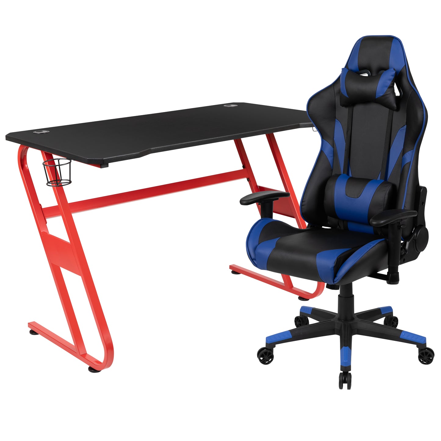 Optis Red Gaming Desk and Blue Reclining Gaming Chair Set with Cup Holder and Headphone Hook Blue