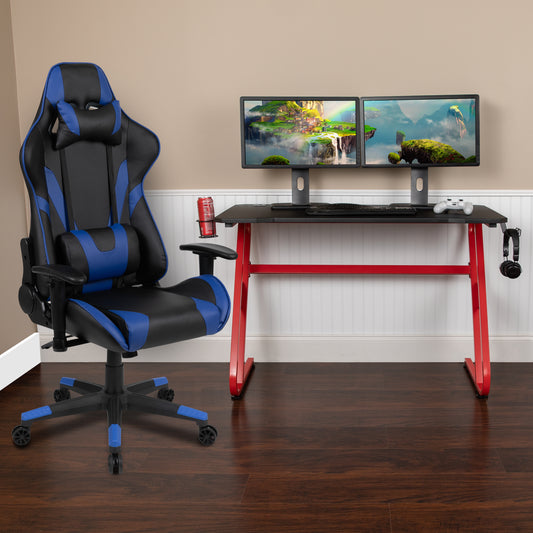 Optis Red Gaming Desk and Blue Reclining Gaming Chair Set with Cup Holder and Headphone Hook Blue