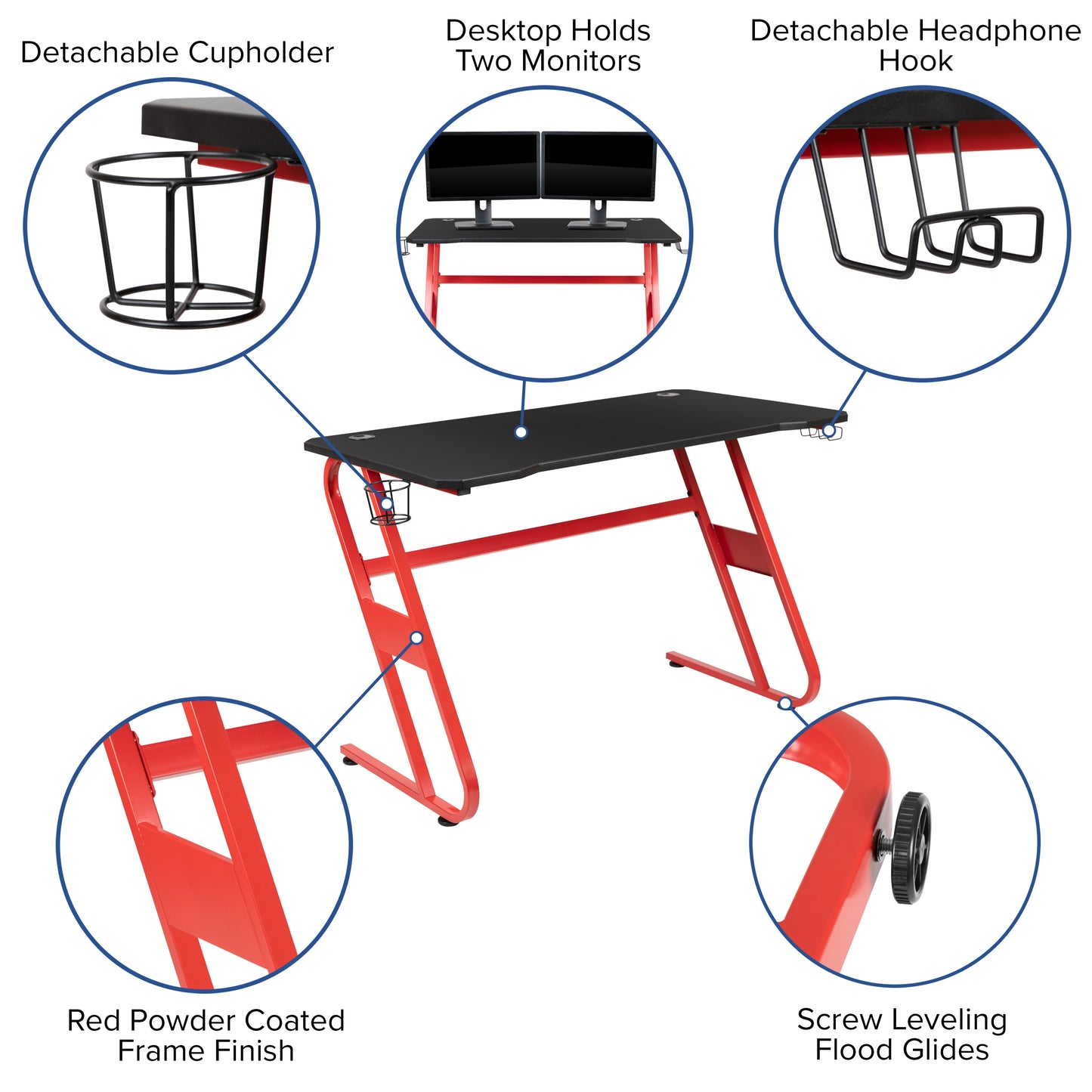 Optis Red Gaming Desk and Blue Reclining Gaming Chair Set with Cup Holder and Headphone Hook Blue