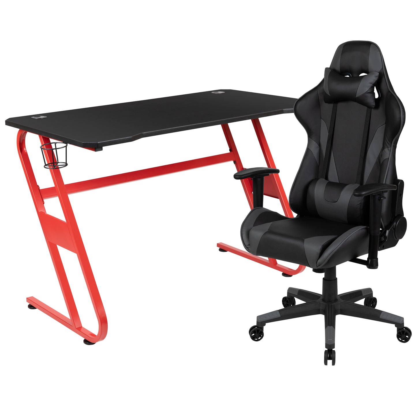 Optis Red Gaming Desk and Gray Reclining Gaming Chair Set with Cup Holder and Headphone Hook Gray