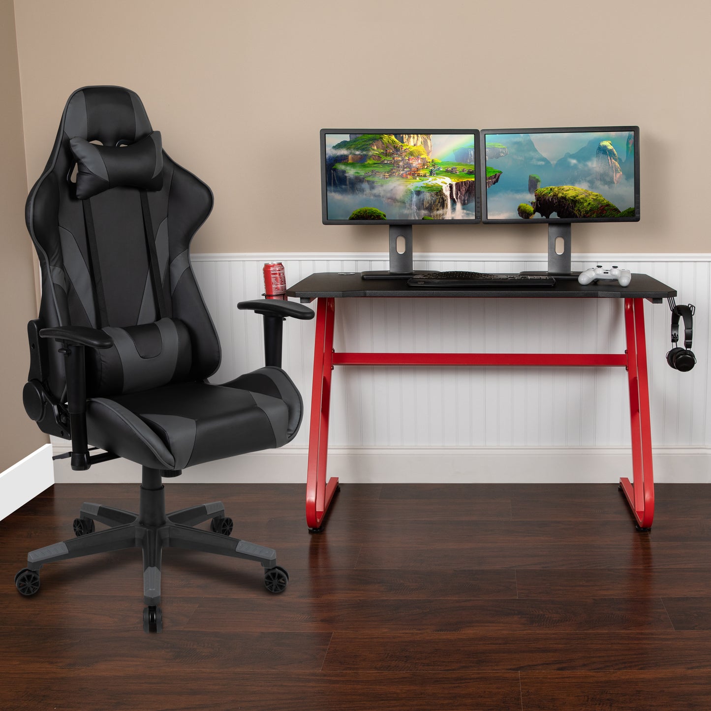 Optis Red Gaming Desk and Gray Reclining Gaming Chair Set with Cup Holder and Headphone Hook Gray