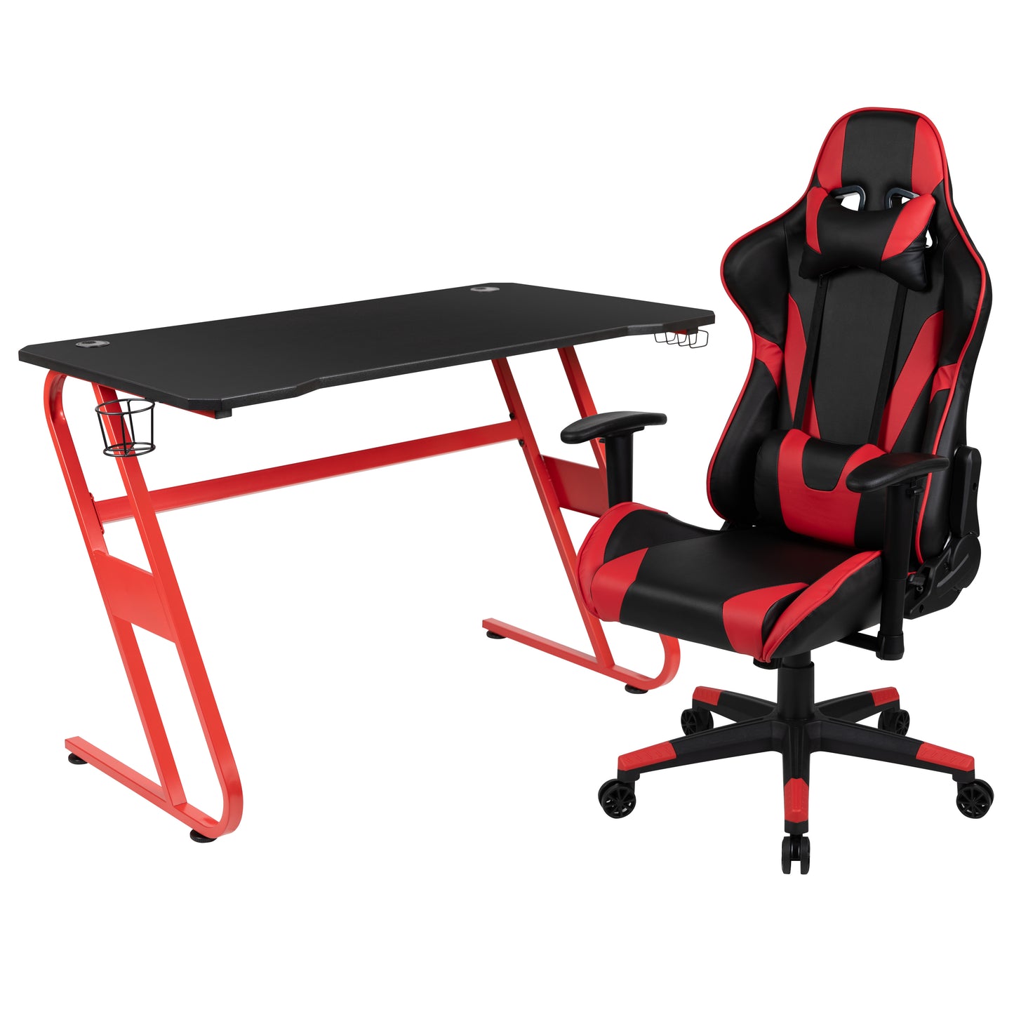 Optis Red Gaming Desk and Red/Black Reclining Gaming Chair Set with Cup Holder and Headphone Hook Red