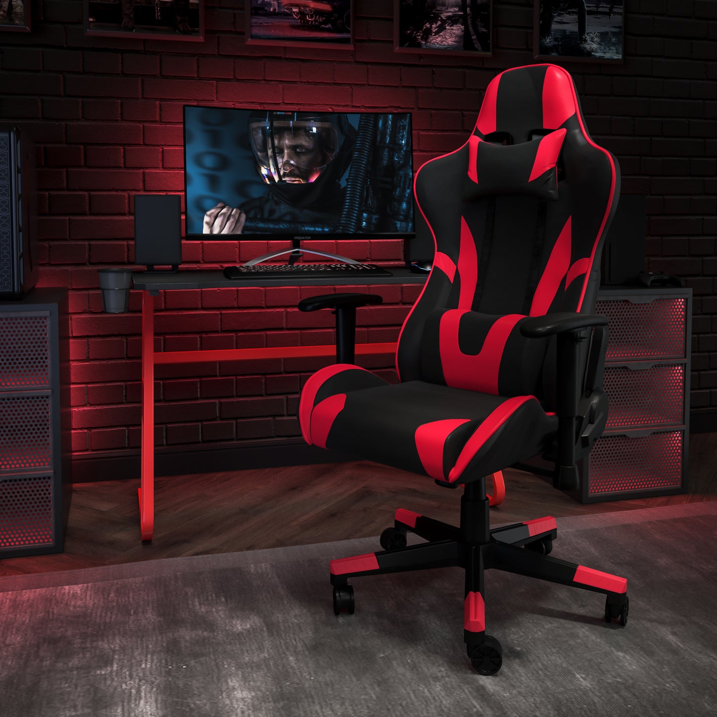 Optis Red Gaming Desk and Red/Black Reclining Gaming Chair Set with Cup Holder and Headphone Hook Red