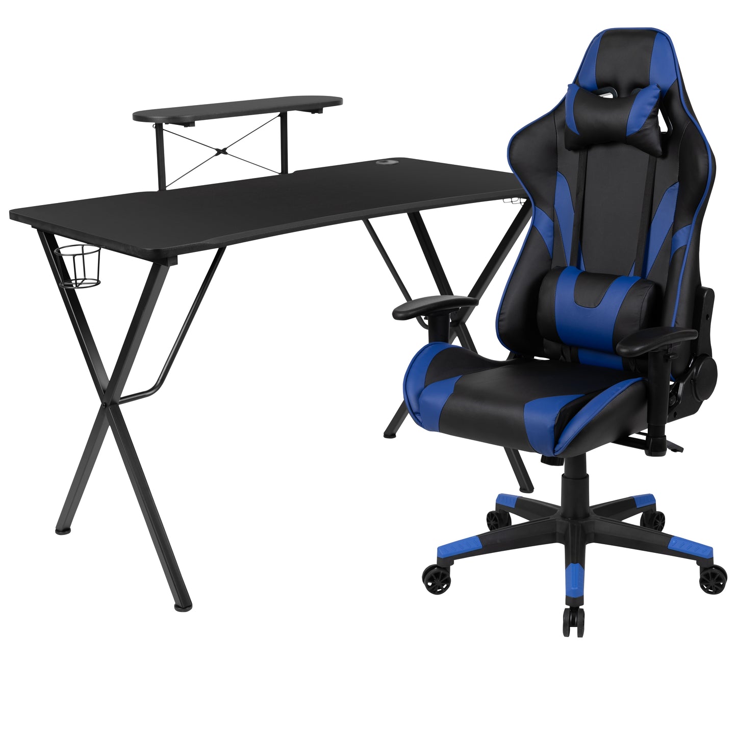 Optis Black Gaming Desk and Blue Reclining Gaming Chair Set with Cup Holder, Headphone Hook, and Monitor/Smartphone Stand Blue