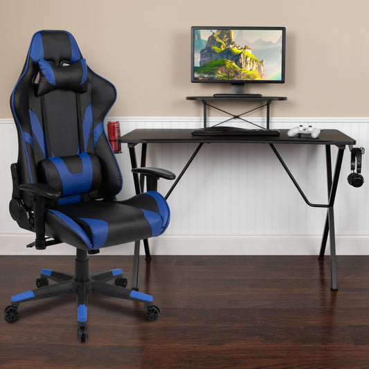 Optis Black Gaming Desk and Blue Reclining Gaming Chair Set with Cup Holder, Headphone Hook, and Monitor/Smartphone Stand Blue