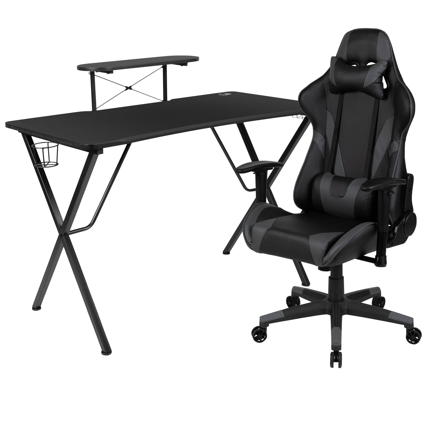 Optis Black Gaming Desk and Gray Reclining Gaming Chair Set with Cup Holder, Headphone Hook, and Monitor/Smartphone Stand Gray
