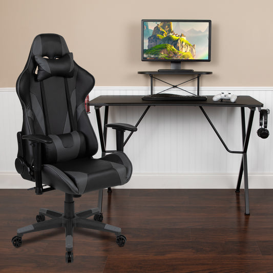 Optis Black Gaming Desk and Gray Reclining Gaming Chair Set with Cup Holder, Headphone Hook, and Monitor/Smartphone Stand Gray
