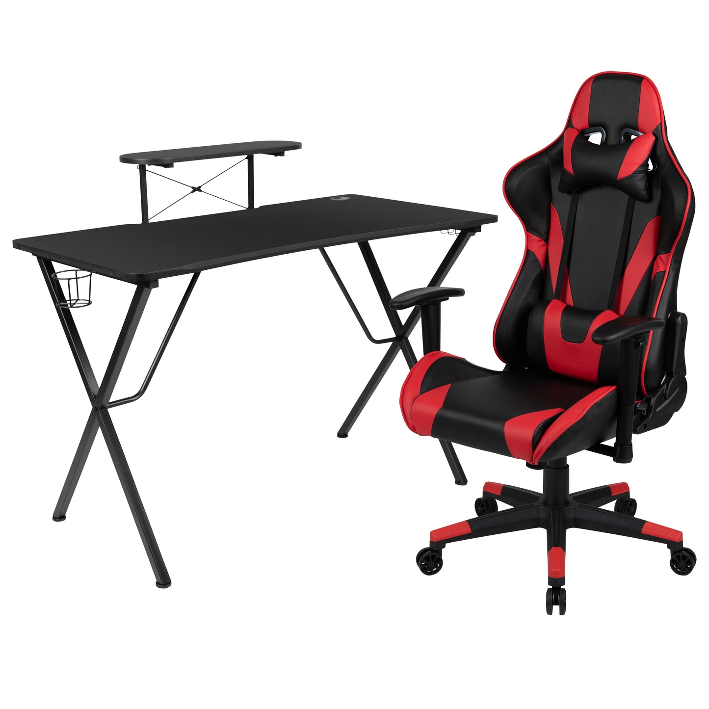 Optis Black Gaming Desk and Red/Black Reclining Gaming Chair Set with Cup Holder, Headphone Hook, and Monitor/Smartphone Stand Red