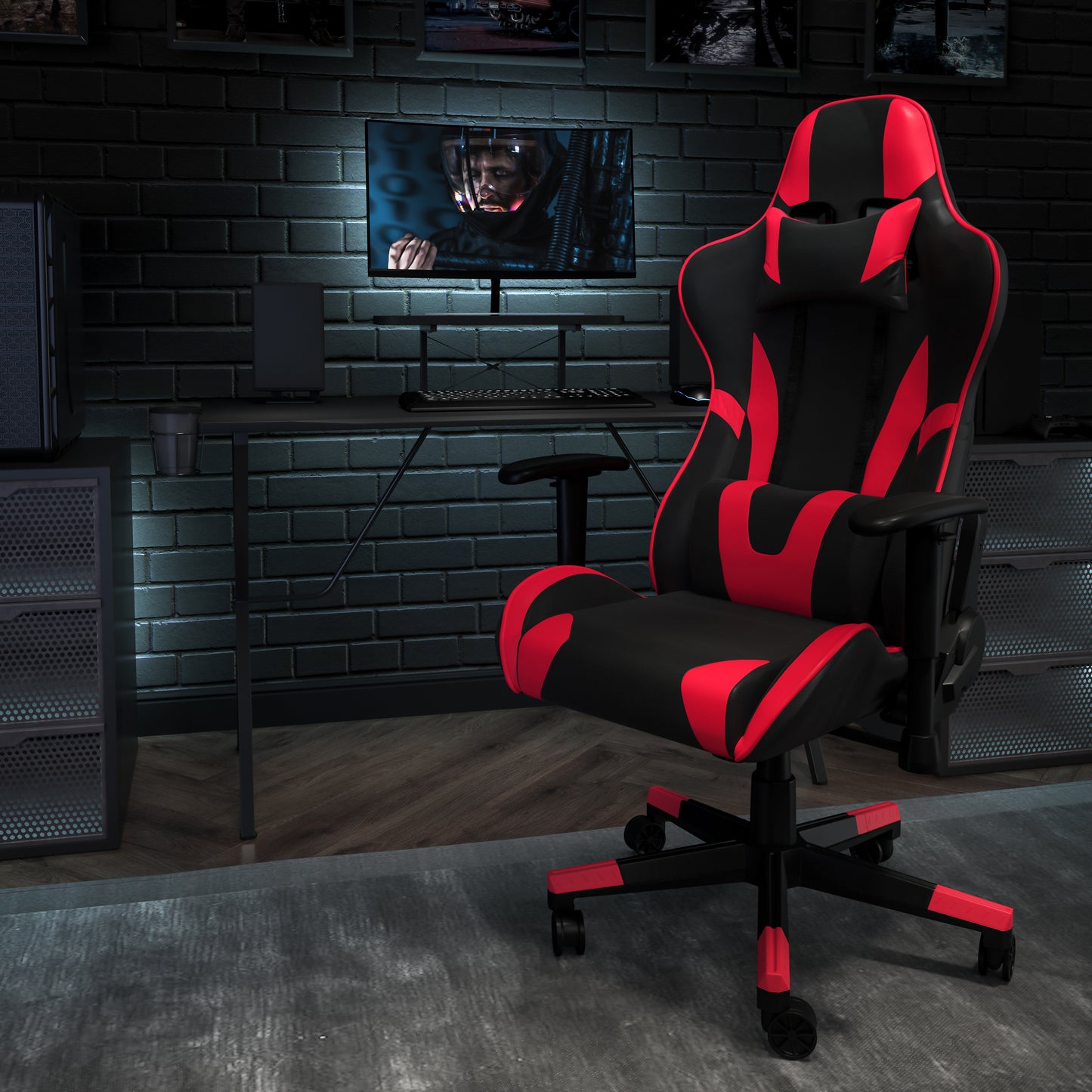 Optis Black Gaming Desk and Red/Black Reclining Gaming Chair Set with Cup Holder, Headphone Hook, and Monitor/Smartphone Stand Red