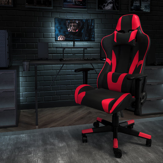 Optis Black Gaming Desk and Red/Black Reclining Gaming Chair Set with Cup Holder, Headphone Hook, and Monitor/Smartphone Stand Red
