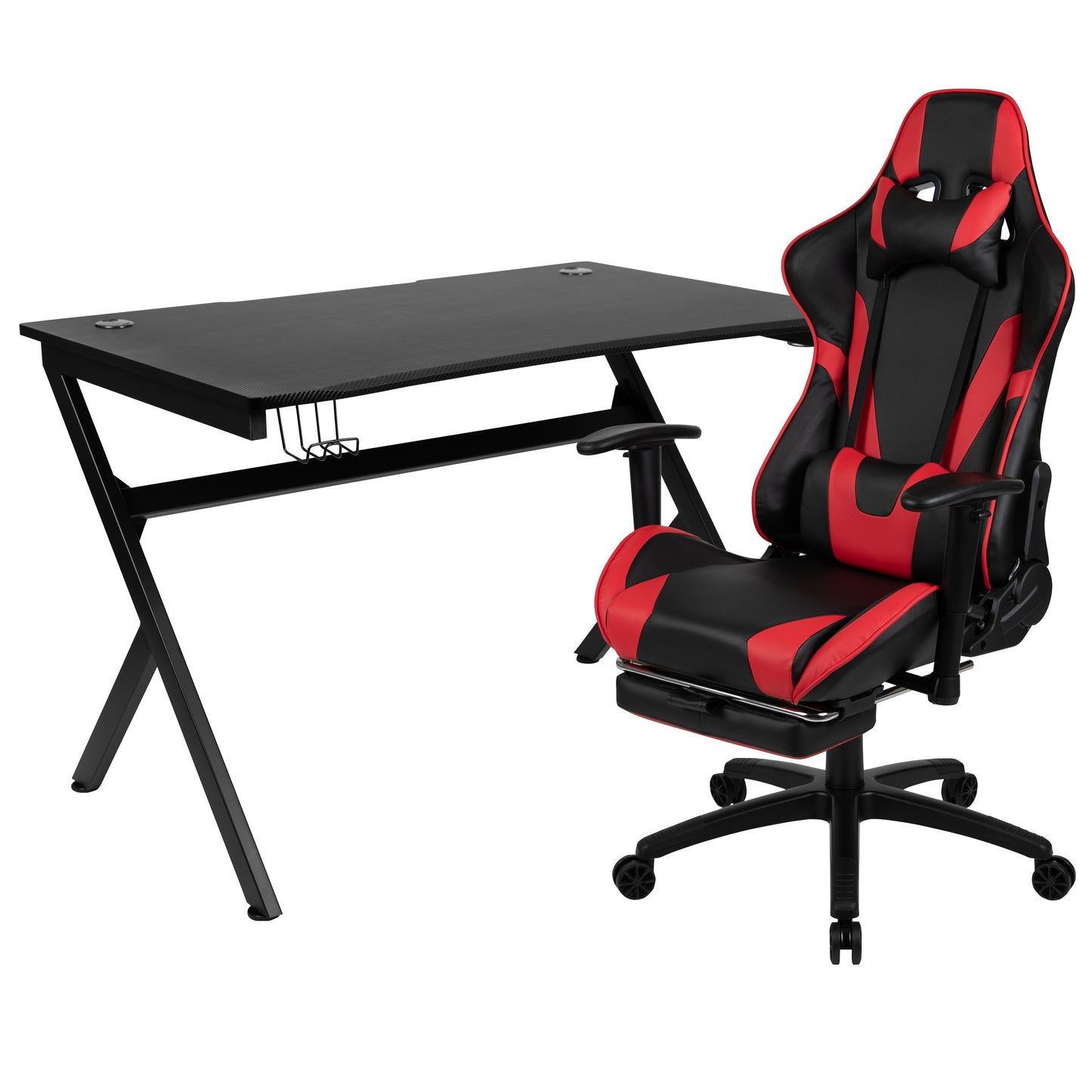 Optis Black Gaming Desk and Red/Black Footrest Reclining Gaming Chair Set with Cup Holder, Headphone Hook & 2 Wire Management Holes Red
