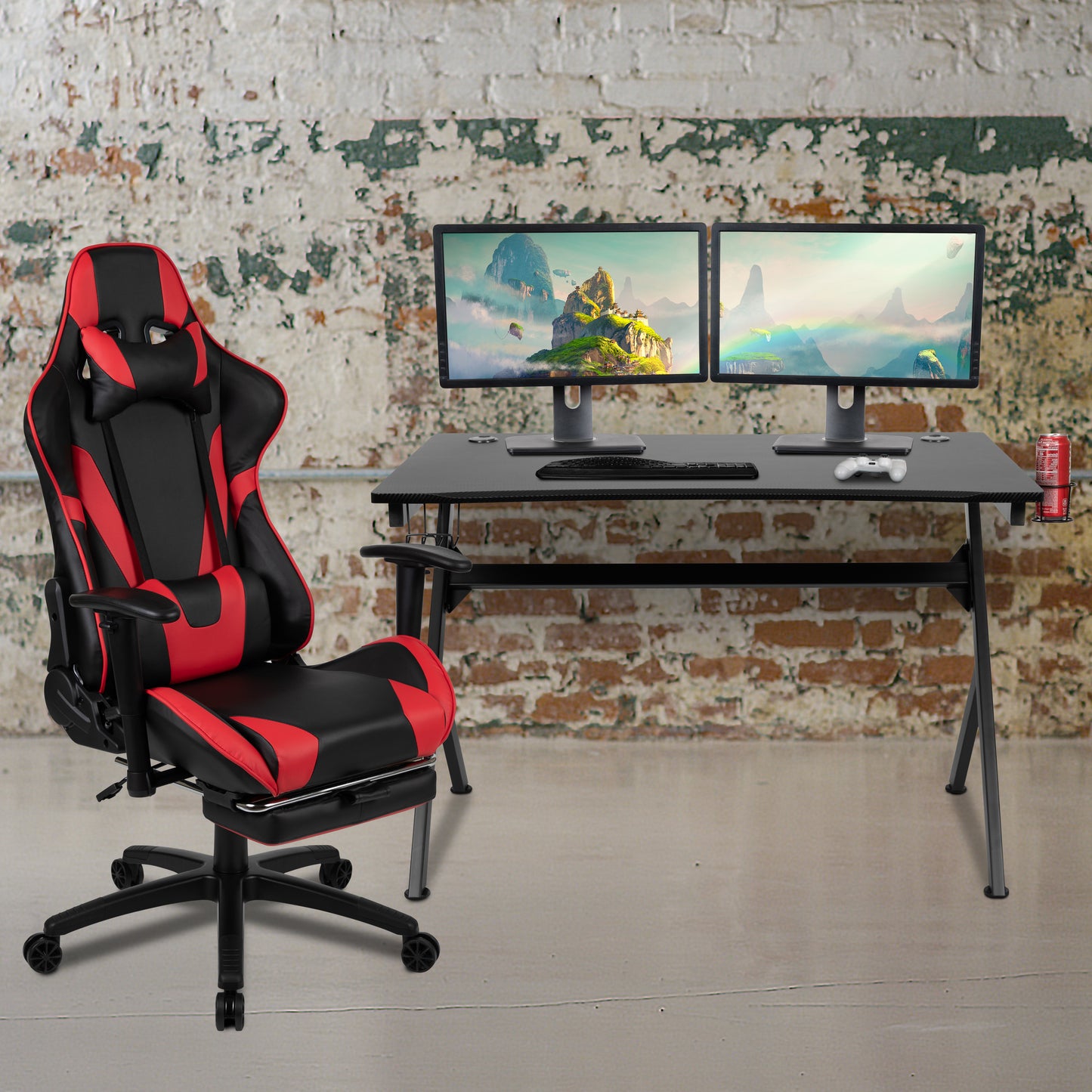Optis Black Gaming Desk and Red/Black Footrest Reclining Gaming Chair Set with Cup Holder, Headphone Hook & 2 Wire Management Holes Red