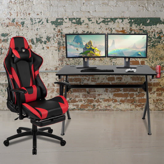 Optis Black Gaming Desk and Red/Black Footrest Reclining Gaming Chair Set with Cup Holder, Headphone Hook & 2 Wire Management Holes Red