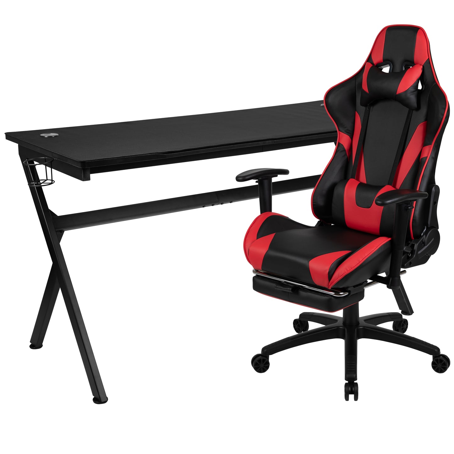 Optis Gaming Desk and Red Footrest Reclining Gaming Chair Set - Cup Holder/Headphone Hook/Removable Mouse Pad Top/Wire Management Red