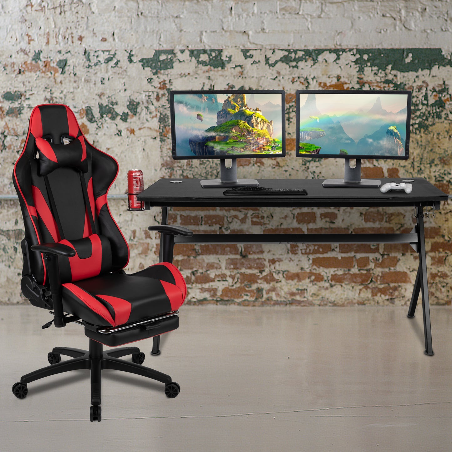 Optis Gaming Desk and Red Footrest Reclining Gaming Chair Set - Cup Holder/Headphone Hook/Removable Mouse Pad Top/Wire Management Red