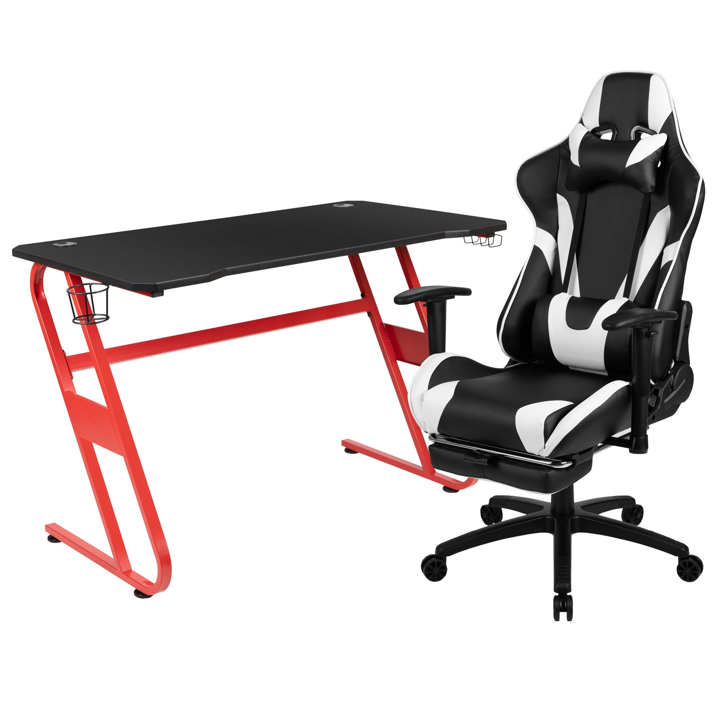 Optis Red Gaming Desk and Black Footrest Reclining Gaming Chair Set with Cup Holder and Headphone Hook Black