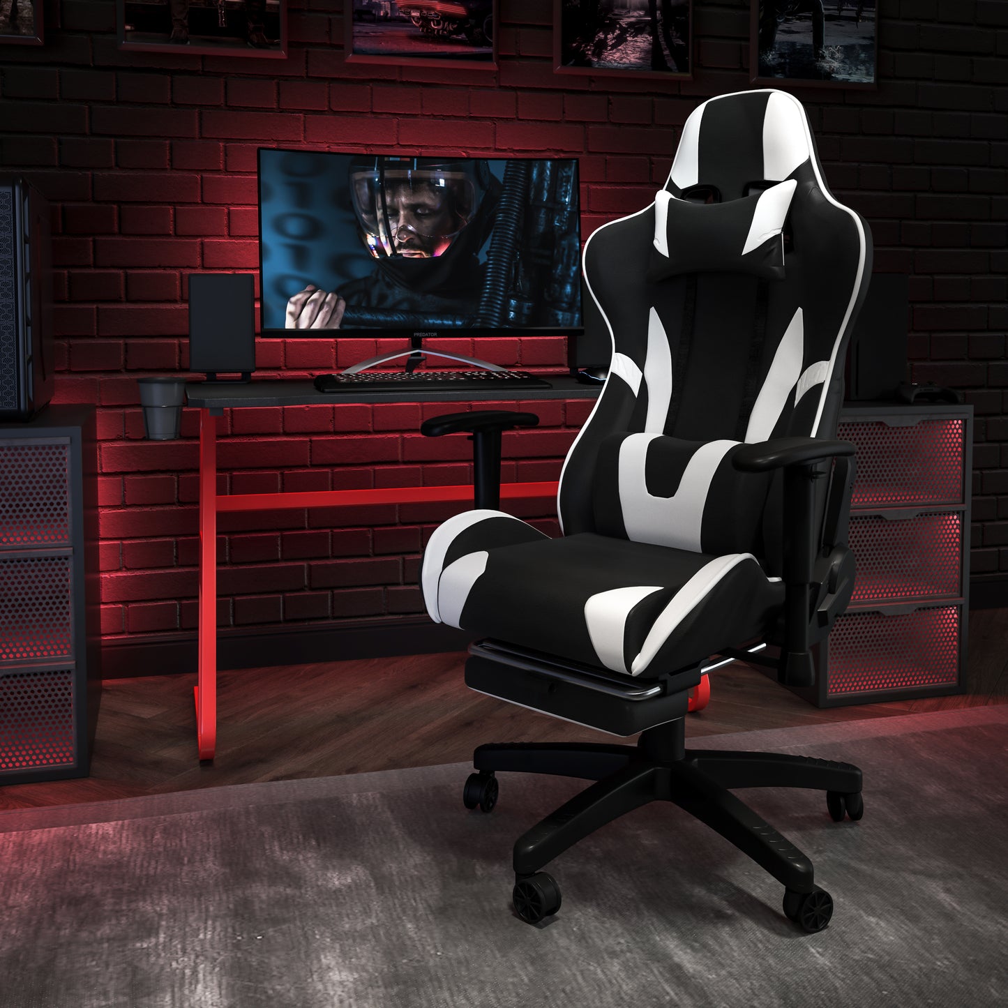 Optis Red Gaming Desk and Black Footrest Reclining Gaming Chair Set with Cup Holder and Headphone Hook Black