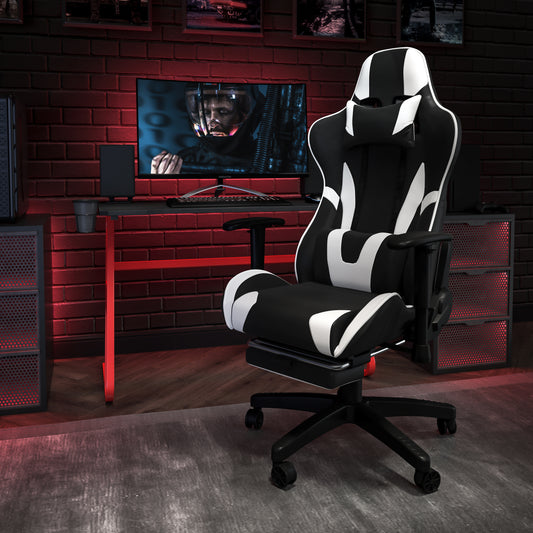 Optis Red Gaming Desk and Black Footrest Reclining Gaming Chair Set with Cup Holder and Headphone Hook Black