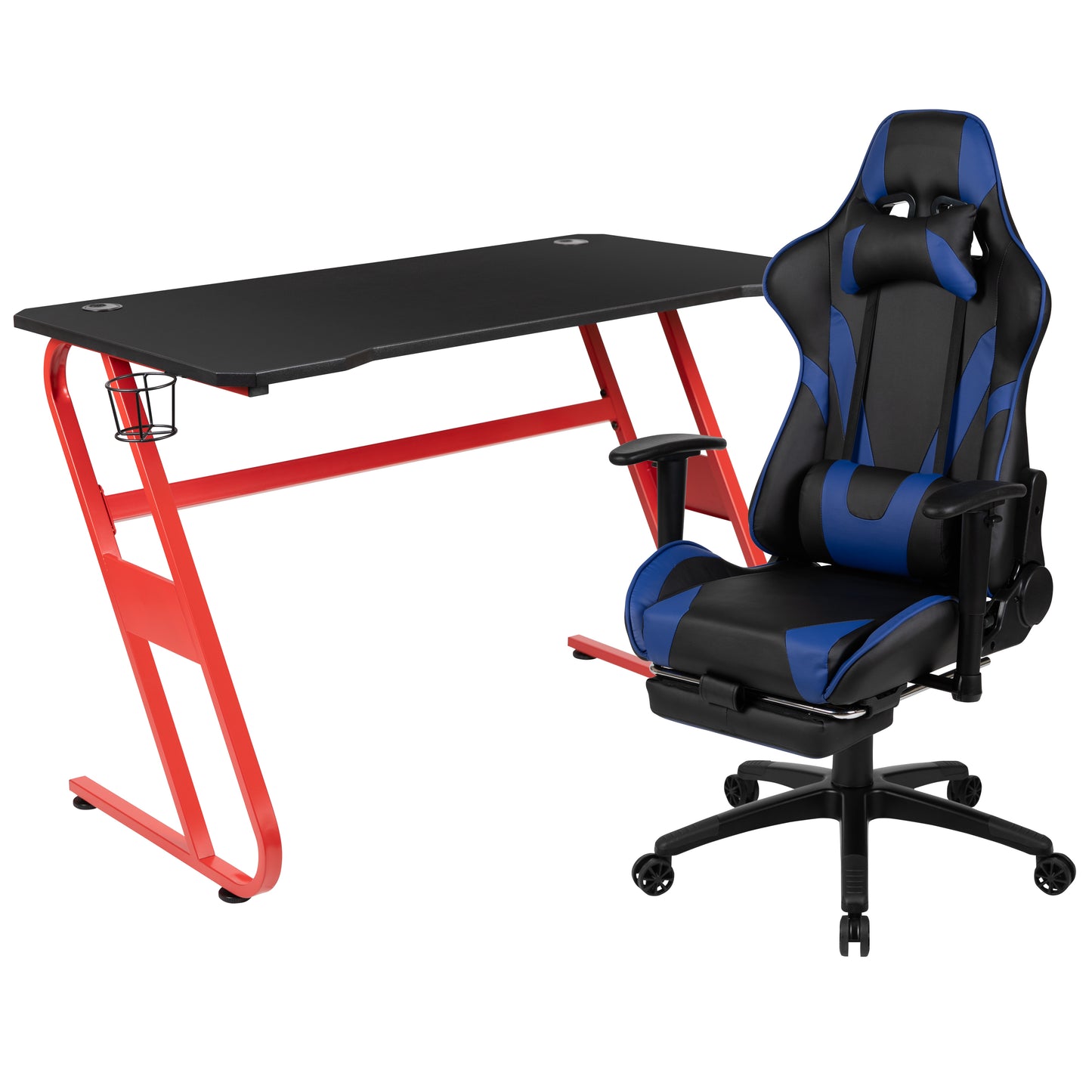 Optis Red Gaming Desk with Cup Holder/Headphone Hook & Blue Reclining Gaming Chair with Footrest Blue