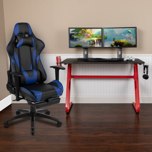 Optis Red Gaming Desk with Cup Holder/Headphone Hook & Blue Reclining Gaming Chair with Footrest Blue