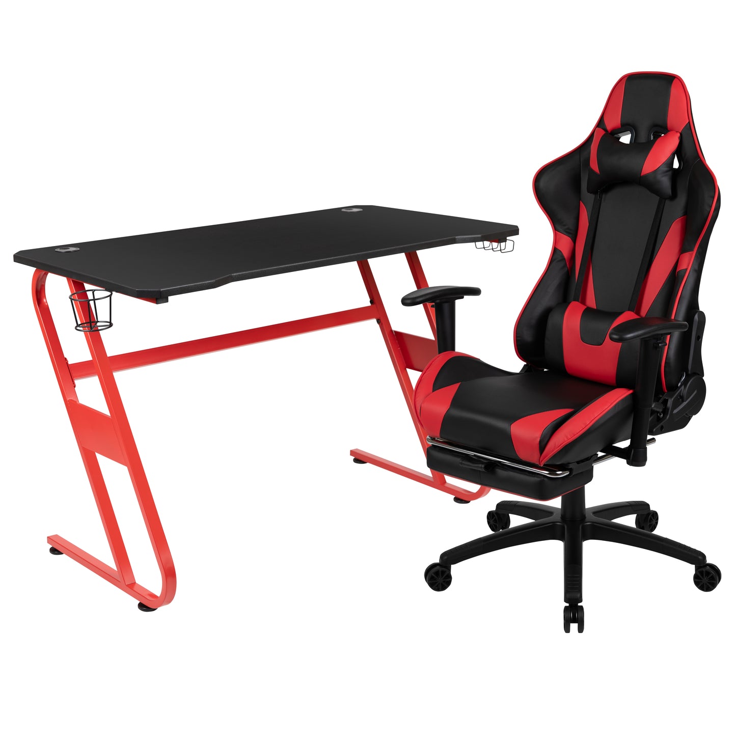 Optis Red Gaming Desk and Red/Black Footrest Reclining Gaming Chair Set with Cup Holder and Headphone Hook Red