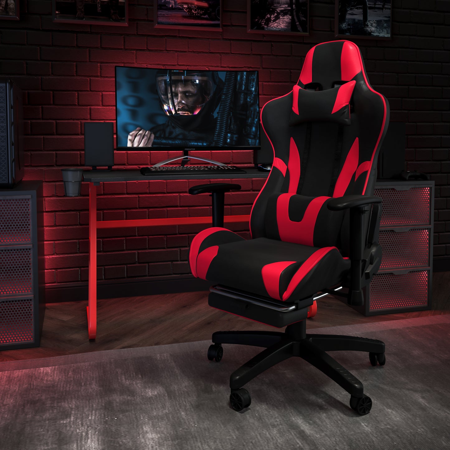 Optis Red Gaming Desk and Red/Black Footrest Reclining Gaming Chair Set with Cup Holder and Headphone Hook Red